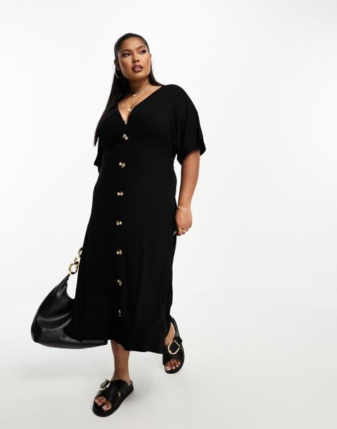 ASOS DESIGN Curve – Midi-Freizeitkleid in Schwarz mit Knöpfen und Flatterärmeln - view 1
