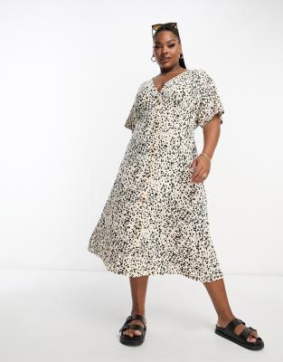 ASOS DESIGN Curve - Midi-Freizeitkleid mit Leopardenmuster, Knöpfen und Flatterärmeln-Bunt