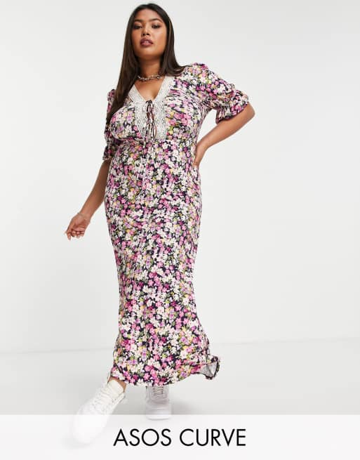 ASOS DESIGN Curve – Midi-Freizeitkleid mit Spitzenbesatz und Blümchenmuster in Rosa