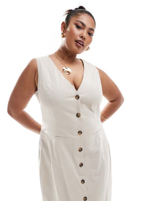 ASOS DESIGN Curve - Midi giletjurk van linnenmix met knoopsluiting in beige, 4 van 4