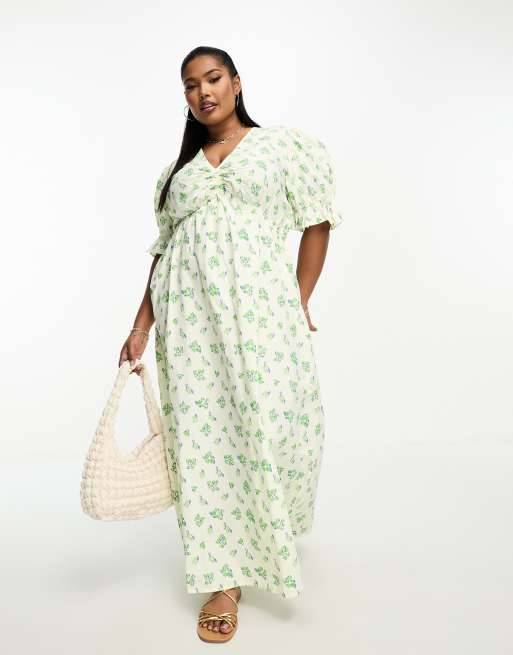 ASOS DESIGN Curve – Midi-Hängerkleid aus Baumwolle in Creme mit Blumenprint in Grün 