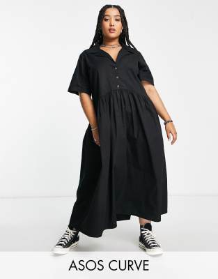 ASOS DESIGN Curve - Midi-Hängerkleid aus schwarzem Twill mit Knopfleiste und Kragen