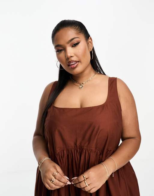 ASOS DESIGN Curve – Midi-Hängerkleid für den Sommer in Schokoladenbraun mit eckigem Ausschnitt, 3 von 4