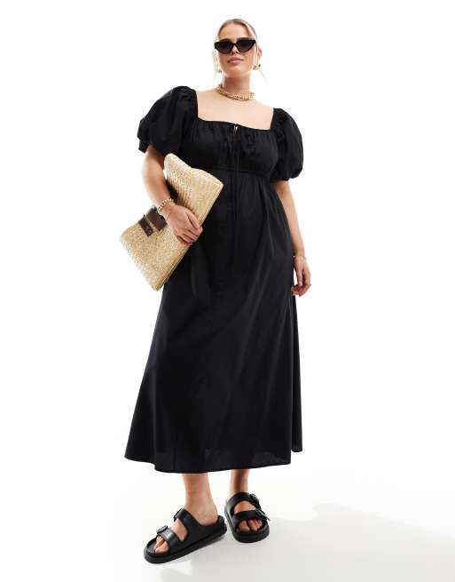 ASOS DESIGN Curve – Midi-Hängerkleid in Schwarz mit Puffärmeln