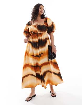 ASOS DESIGN Curve - Midi-Hängerkleid mit Puffärmeln und abstraktem Muster-Bunt