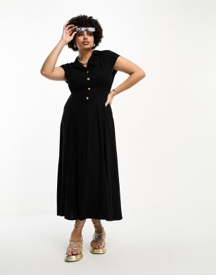 ASOS DESIGN Curve - Midi-Hemdblusenkleid aus schwarzem Leinen mit Flügelärmeln und Biesen