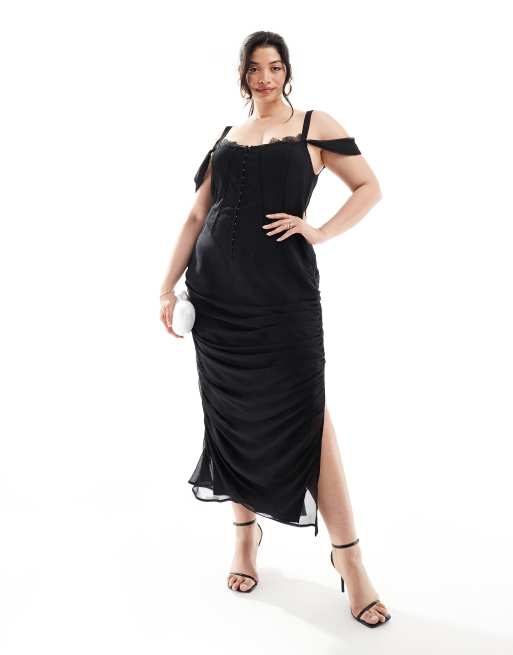 ASOS DESIGN Curve - Midi jurk in melkmeisjesstijl met korset en panden van kant en chiffon in zwart