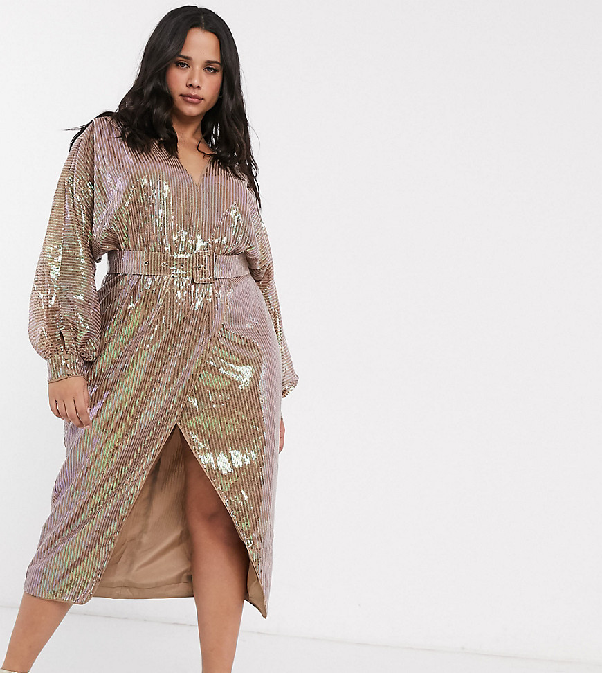 ASOS DESIGN Curve - Midi-jurk met blousonmouwen, riem en iriserende lovertjes-Multi