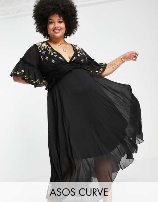 ASOS DESIGN Curve - Midi-jurk met fladdermouwen, geplooide taille en geborduurde bloemen