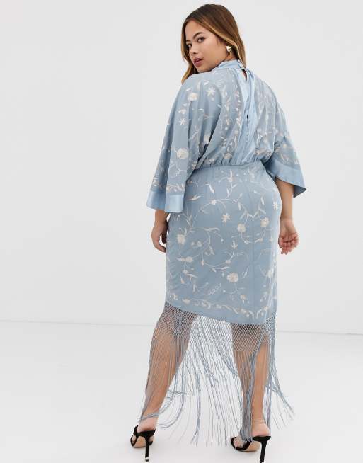 ASOS DESIGN - Curve - Midi-jurk met geborduurde kimono en rucherand, 2 van 4