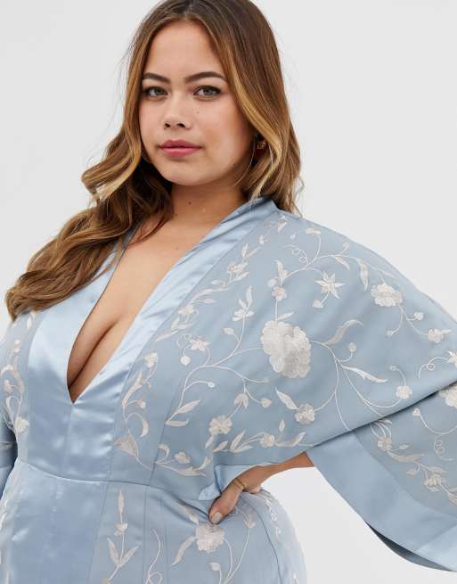 ASOS DESIGN - Curve - Midi-jurk met geborduurde kimono en rucherand, 3 van 4