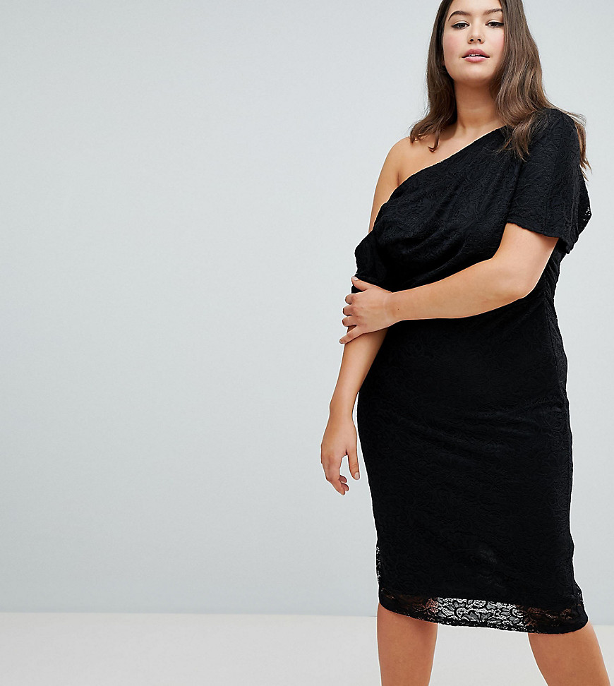 ASOS DESIGN Curve - Midi-jurk met geplooide schouder en kant-Zwart