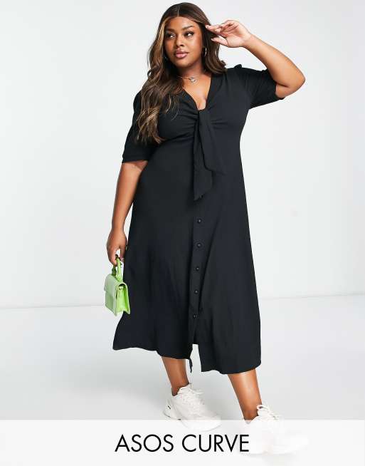 ASOS DESIGN Curve - Midi-jurk met gestrikte voorkant en knoopsluiting in zwart