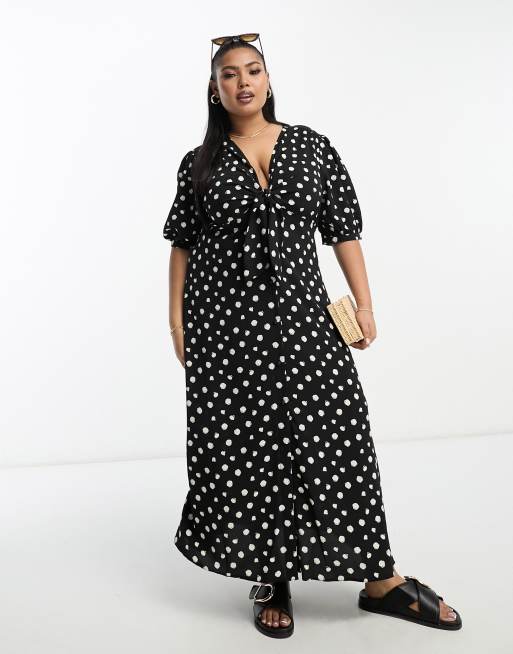 ASOS DESIGN Curve - Midi jurk met gestrikte voorkant, knoopsluiting en vervaagde stippenprint