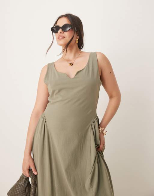 ASOS DESIGN Curve - Midi jurk met hartvormige halslijn in saliegroen, 2 van 4