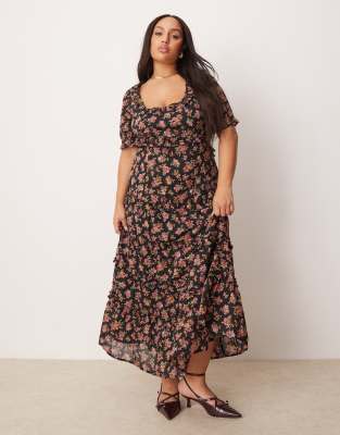 ASOS DESIGN Curve - Midi jurk met hartvormige halslijn, uitsnijding en bloemenprint op donkere ondergrond - view 1