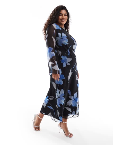 ASOS DESIGN Curve - Midi jurk met lange mouwen van chiffon in blauwe print - view 1