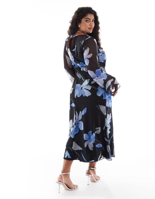 ASOS DESIGN Curve - Midi jurk met lange mouwen van chiffon in blauwe print, 3 van 4