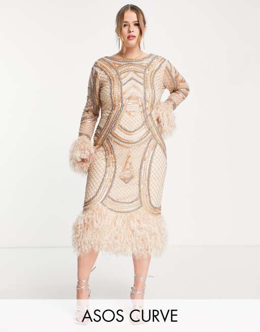 ASOS DESIGN Curve - Midi jurk met lange mouwen, versiering en randen met imitatieveren in beigeroze