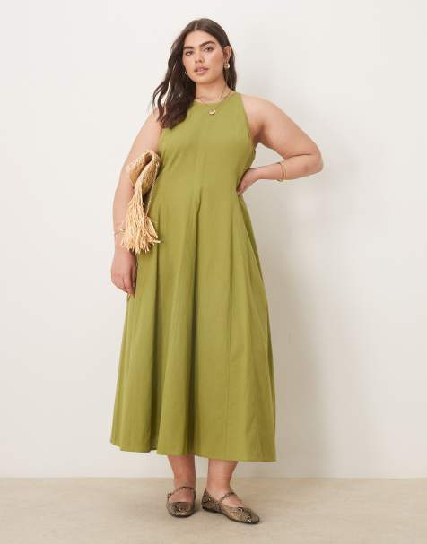 ASOS DESIGN Curve - Midi-jurk met naden in olijfgroen - view 1