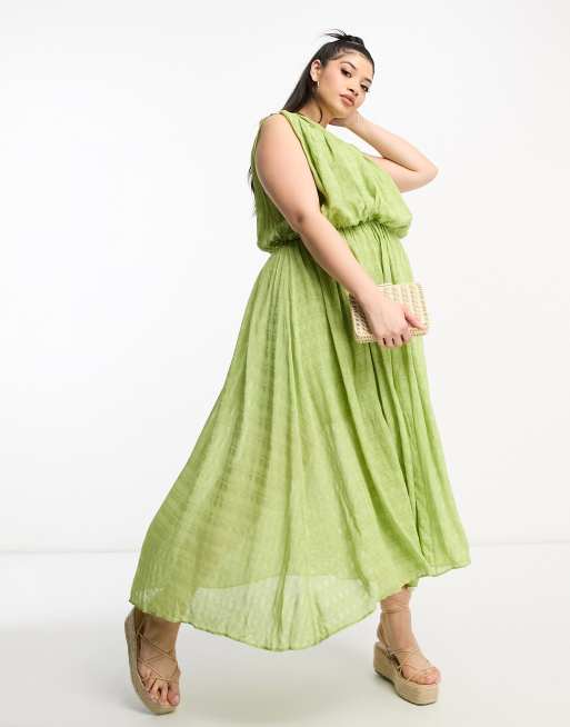 ASOS DESIGN Curve - Midi-jurk met ongelijke zoom en gerimpelde textuur in pistache groen