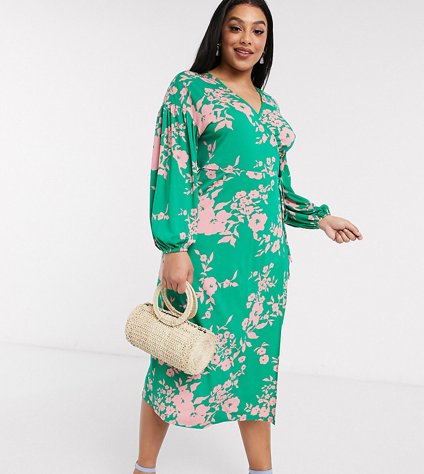 ASOS DESIGN Curve - Midi-jurk met overslag en felgekleurde bloemenprint-Groen