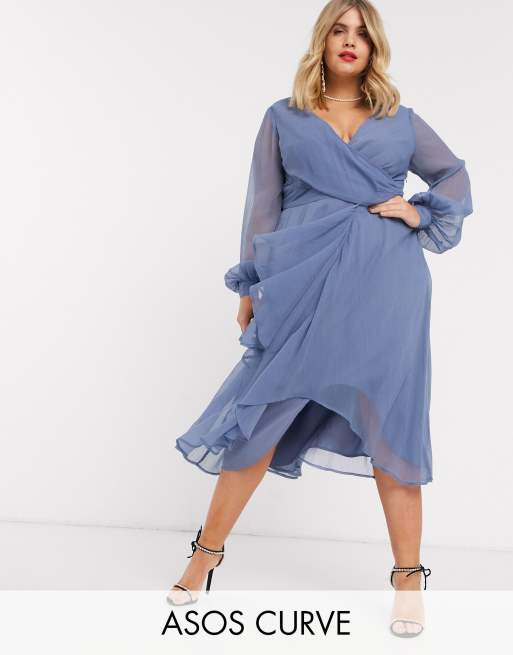 ASOS DESIGN Curve - Midi-jurk met overslag in de taille, lange mouwen en rok met dubbele laag