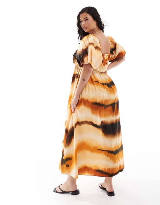 ASOS DESIGN Curve - Midi jurk met pofmouwen en abstracte print, 4 van 4