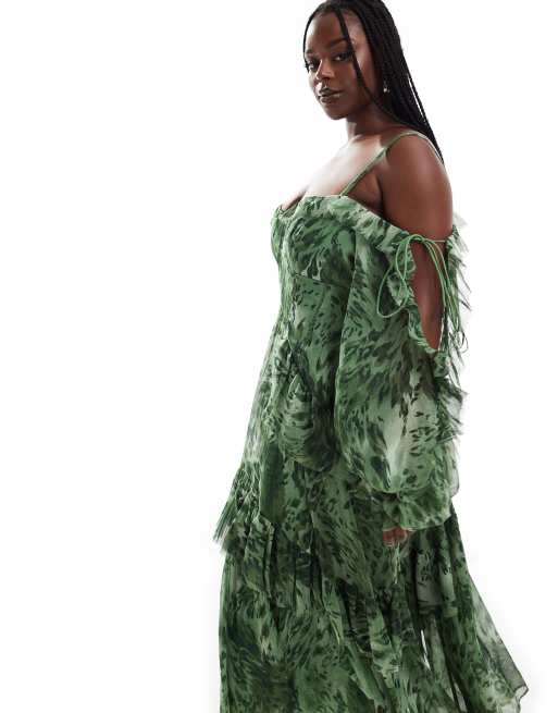 ASOS DESIGN Curve - Midi jurk met ruches, open mouwen en strikjes in groene bloemenprint
