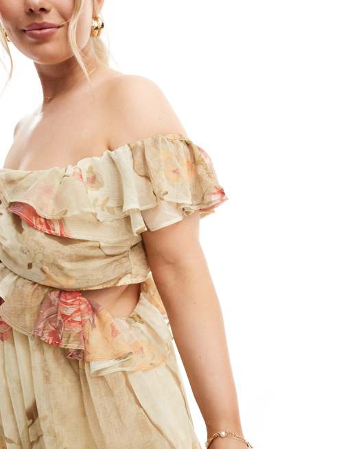 ASOS DESIGN Curve - Midi jurk met ruches, uitsnijdingen en blote schouders in patchwork bloemenprint , 4 van 4