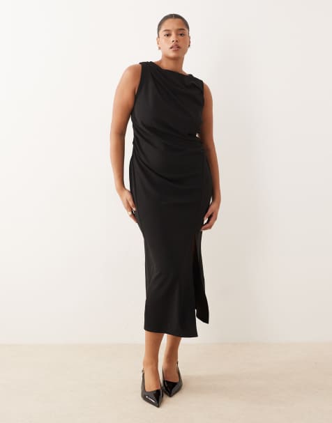ASOS DESIGN - Curve - Midi-jurk met schuine hals en ruches in zwart - view 1