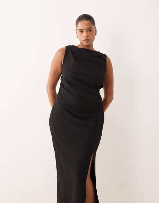 ASOS DESIGN - Curve - Midi-jurk met schuine hals en ruches in zwart, 2 van 4
