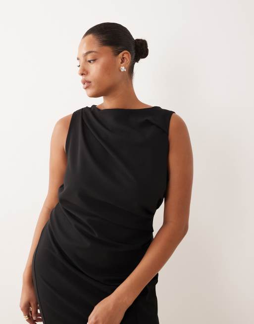ASOS DESIGN - Curve - Midi-jurk met schuine hals en ruches in zwart, 4 van 4