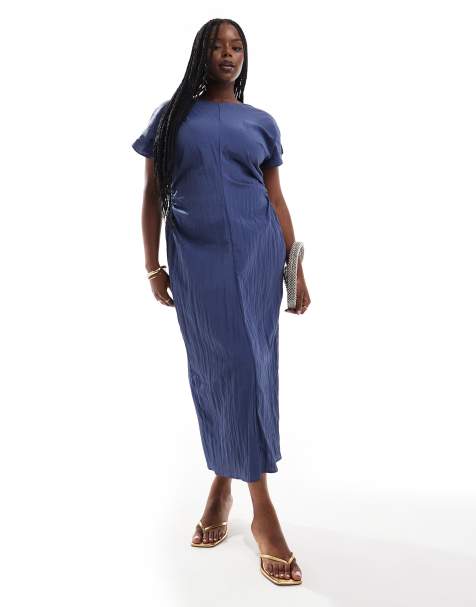 ASOS DESIGN Curve - Midi jurk met split, uitsnijding en kapmouwtjes in blauw met wassing - view 1