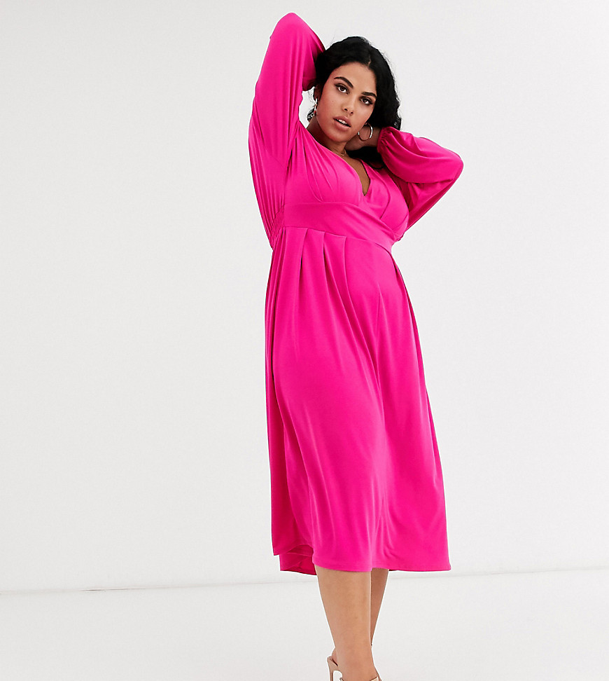 ASOS DESIGN Curve - Midi-jurk met V-hals en lange mouwen-Roze