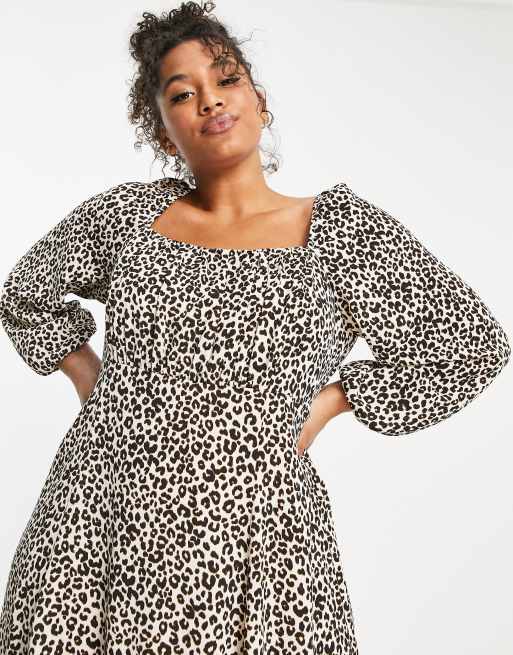 ASOS DESIGN Curve - Midi jurk met vierkante, gerimpelde hals in dierenprint, 2 van 4