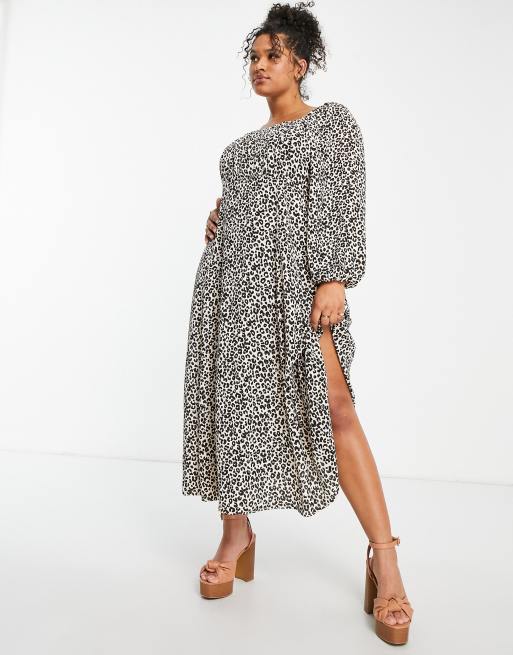 ASOS DESIGN Curve - Midi jurk met vierkante, gerimpelde hals in dierenprint, 3 van 4
