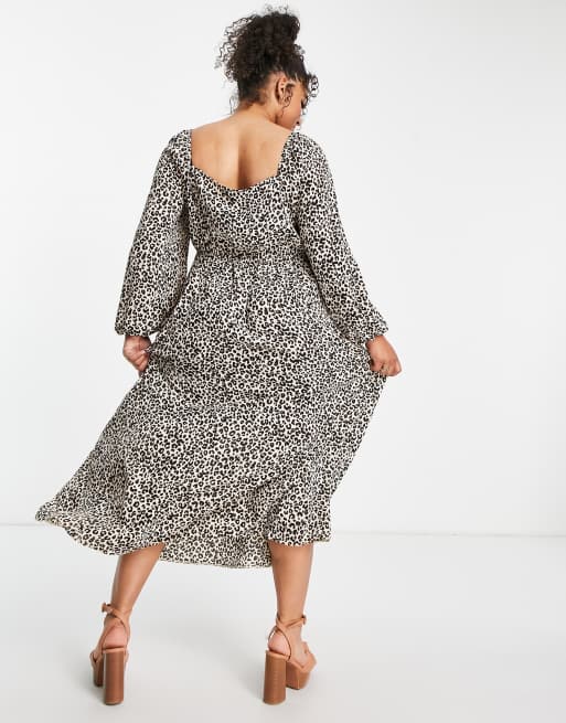 ASOS DESIGN Curve - Midi jurk met vierkante, gerimpelde hals in dierenprint, 4 van 4