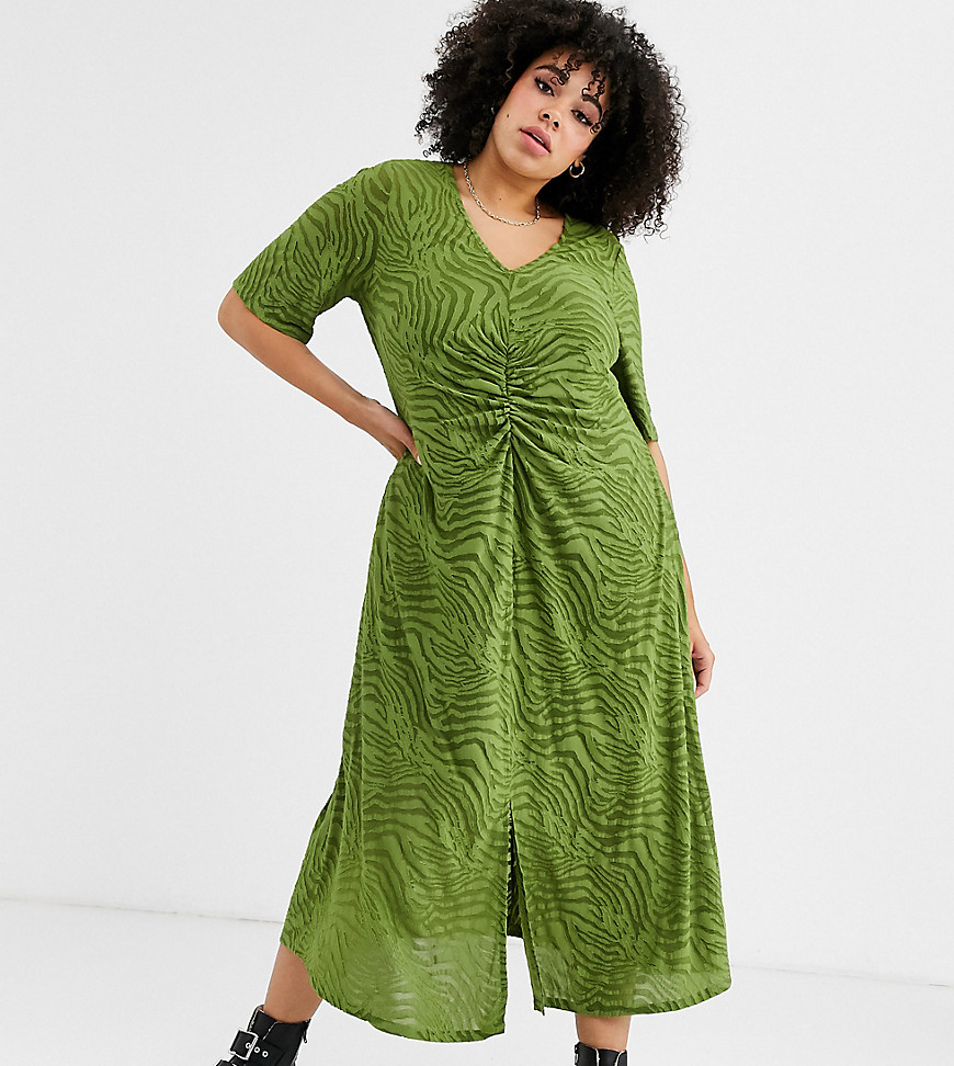 ASOS DESIGN Curve - Midi-jurk van burnout-stof met gerimpelde taille en zebraprint-Groen