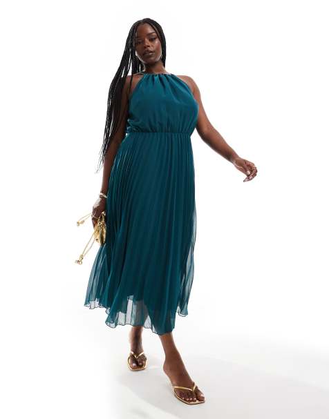 ASOS DESIGN Curve - Midi jurk van geplooid chiffon met halternek in flessengroen - view 1