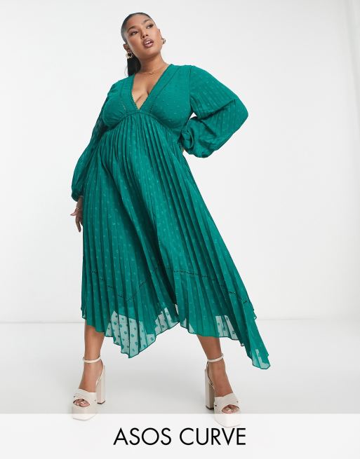 ASOS DESIGN Curve - Midi jurk van geplooide dobbystof met V-voorkant met afwerking in bosgroen