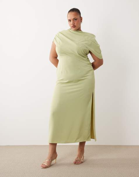 ASOS DESIGN Curve - Midi jurk van gladde stof met afhangende schouder in saliegroen - view 1