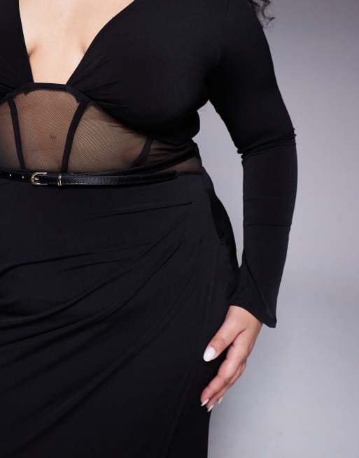 ASOS DESIGN Curve - Midi-jurk van mesh met panelen en lange mouwen in zwart, 4 van 4