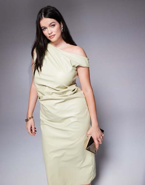 ASOS DESIGN Curve - Midi jurk van PU met asymmetrische halslijn in saliegroen - view 1