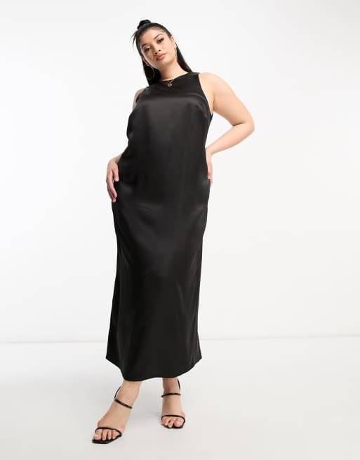 ASOS DESIGN Curve - Midi jurk van satijn met racerhals in zwart
