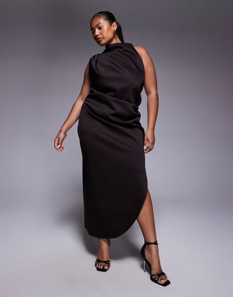 ASOS DESIGN Curve - Midi jurk van scubastof met blote schouder in chocoladebruin - view 1