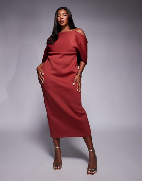 ASOS DESIGN Curve - Midi jurk van scubastof met brede bardothals en cape-detail aan de achterkant in chocoladebruin - view 1
