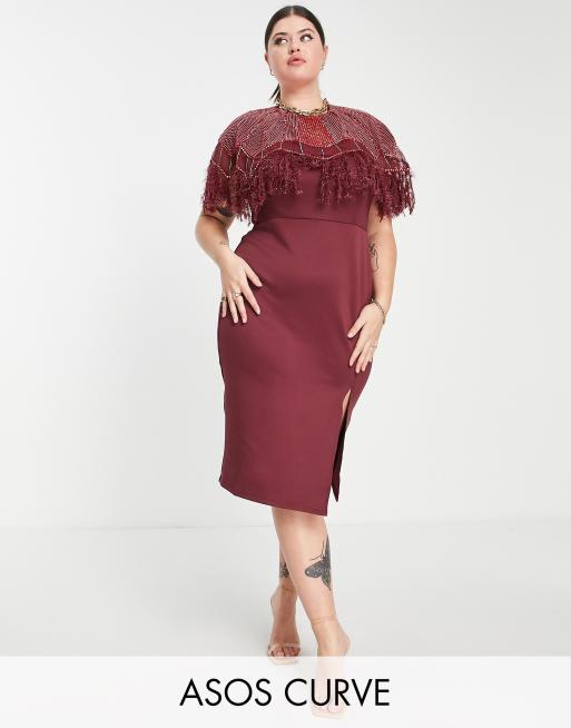 ASOS DESIGN Curve - Midi jurk van scubastof versierd met parels en imitatieveren in rood
