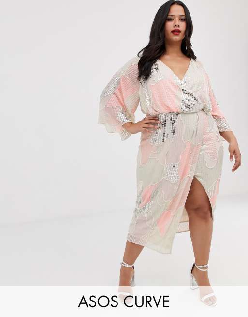 ASOS DESIGN Curve midi kimono dress in pearl and sequin patched embellishment