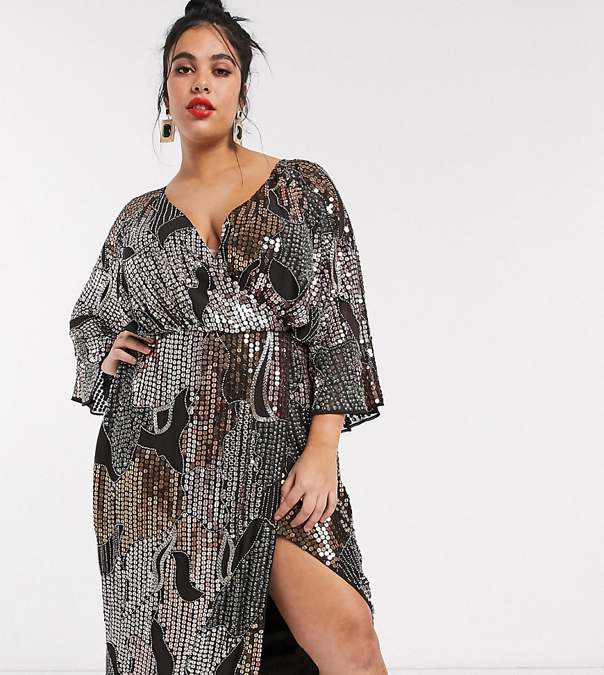 ASOS DESIGN Curve midi kimono dress in pearl and sequin patched embellishment-Brown